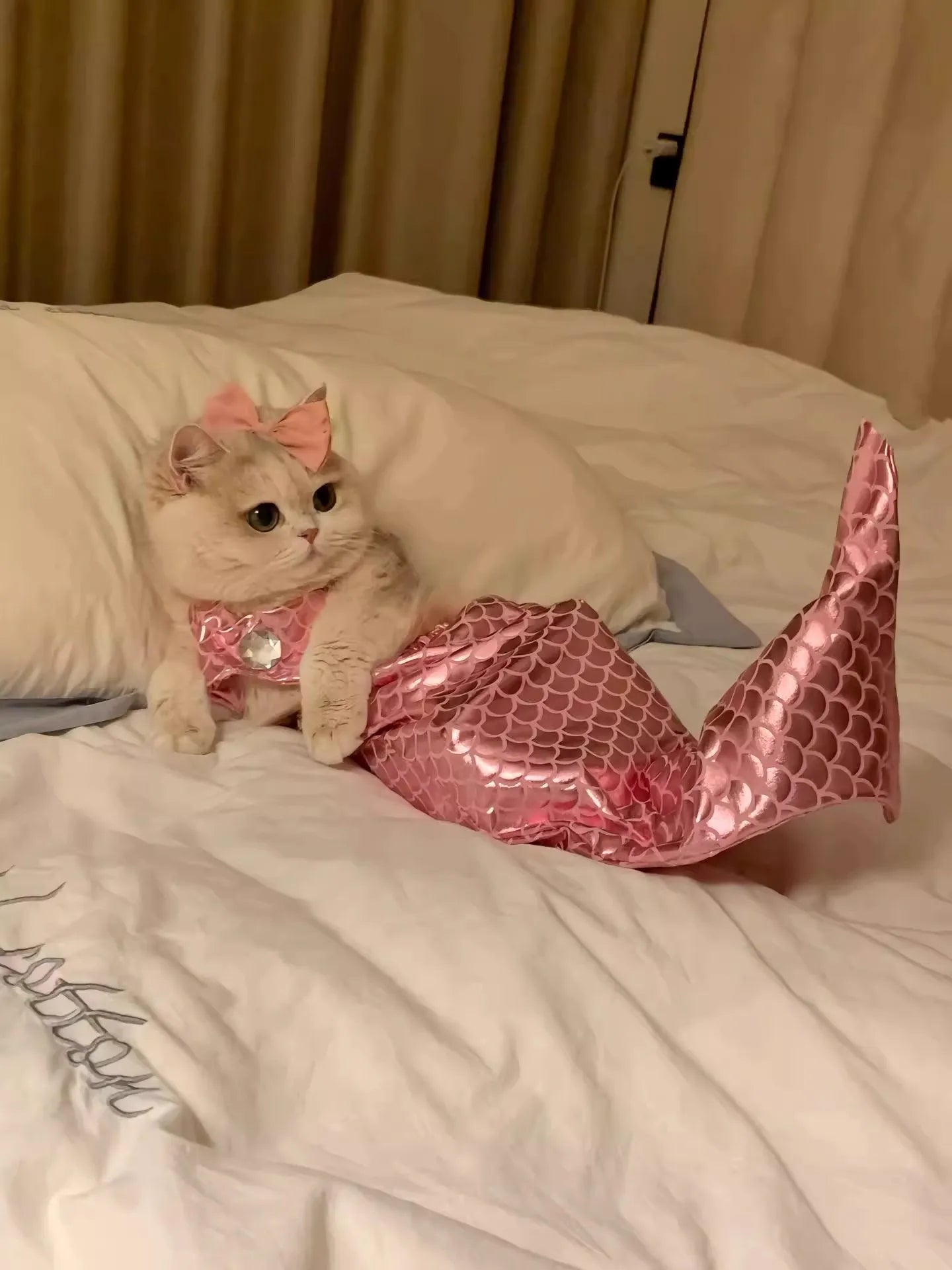 Decorative Cat Mermaid Polyester with Bow Headband Pet Fishtail Swimsuit  Soft Pet Cosplay Costume