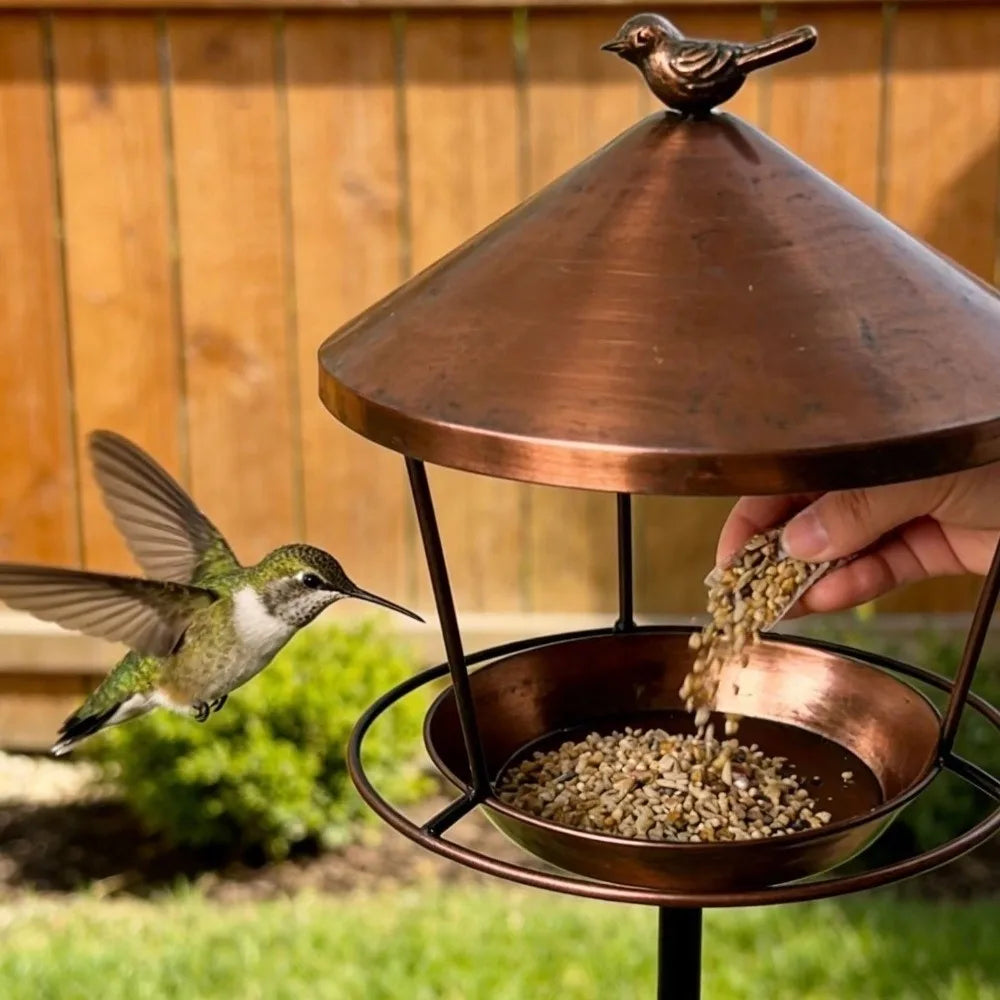 Weatherproof Standing Bird Feeder Spill Guard Large Capacity Wild Bird Feeding Station Anti-Waste Iron Birdbath Stand Courtyard