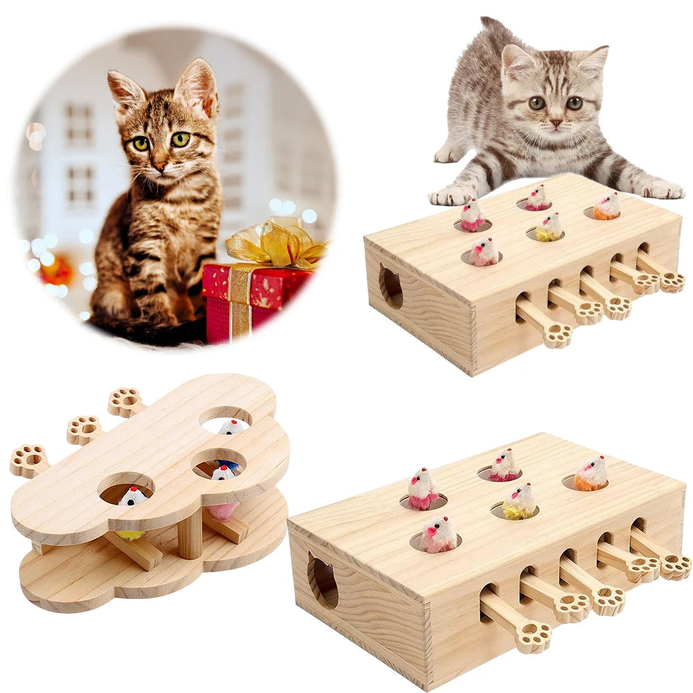 Cats 3/5-Holed Whack A Mole Game Cat Pop Up Funny Wooden Hunting Toy Box Interactive for Indoor Cats