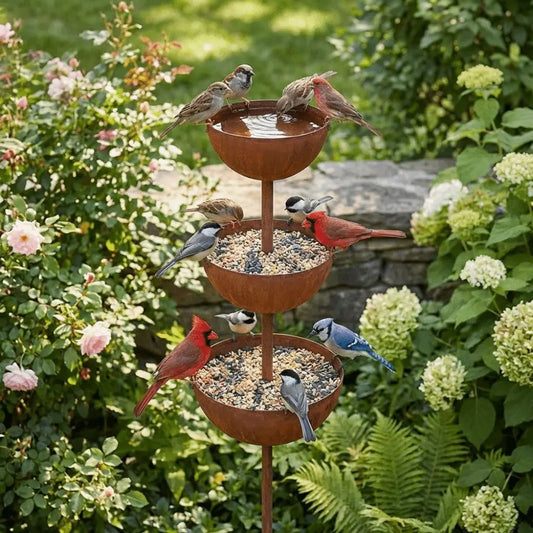 3-Tier Bowl Metal Bird Bath Rusted Vintage Iron Garden Rain Catcher Garden Stake Decorative Bird Water Dispenser Courtyard Decor