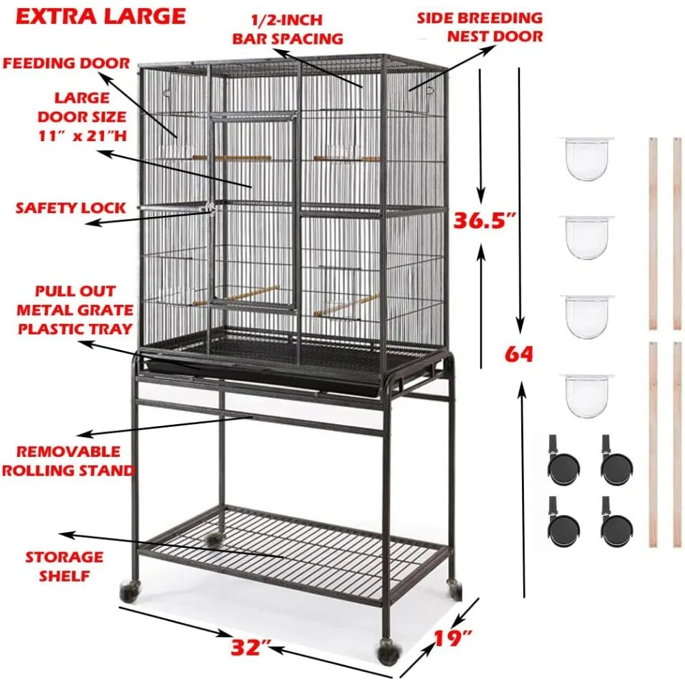 Extra Large Wrought Iron Breeding Bird Flight Cage Front Feeder Doors Side Breeding Nest Box Door Easy Clean