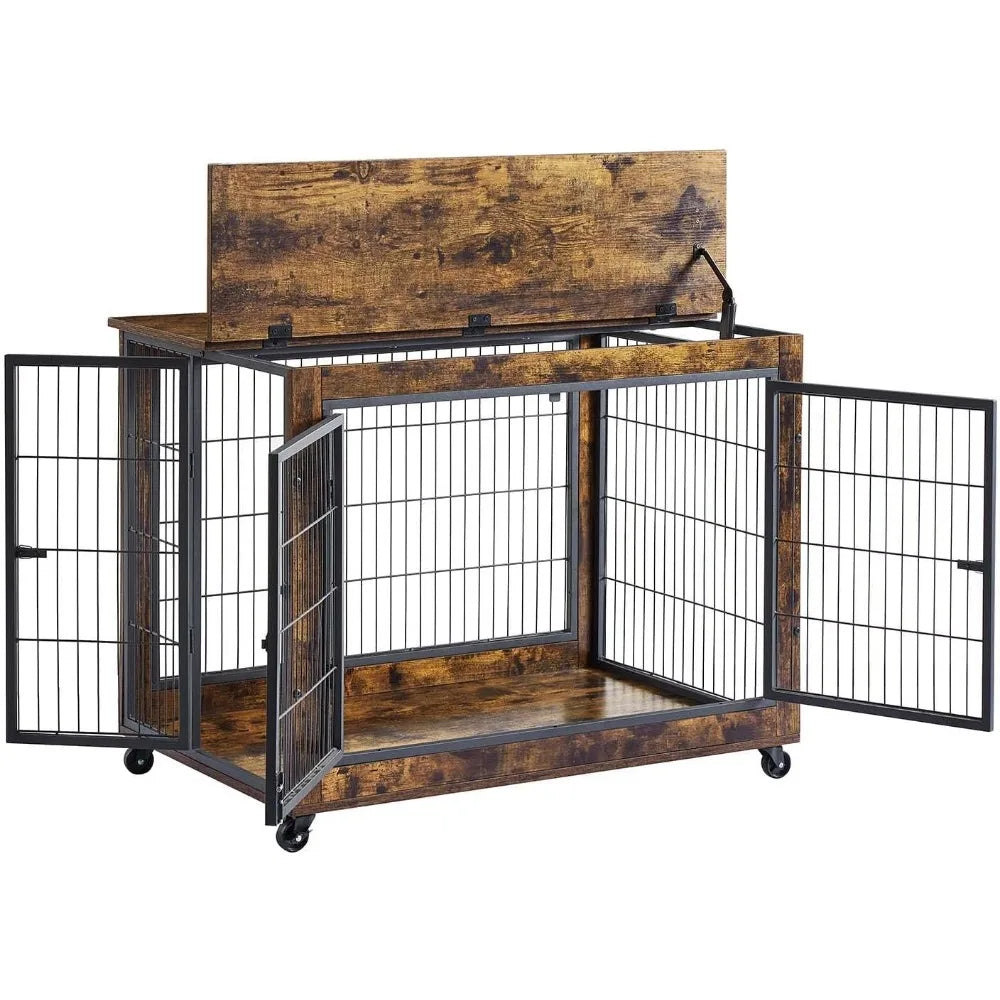 Dog Crate Furniture, Wooden Table, Dog Kennel with 3 Doors, Flip-up Top Opening and Wheels, Decorative Pet Crate House