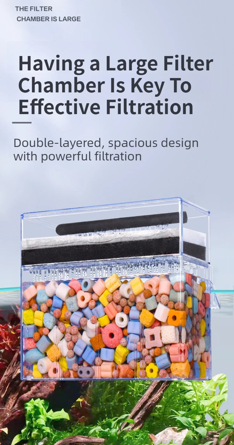 2-Tier Dry-Wet Separation Aquarium Filter Box Ultra-Quiet Wall-Mounted 3-in-1 Drip Filter Box for Small Medium Fish Turtle Tanks