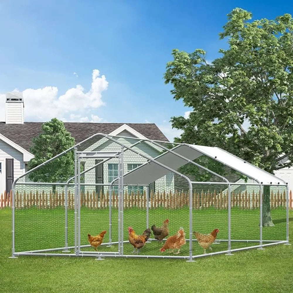 Large Metal Chicken Coop Run, Walk-in Enclosure Poultry Hen Run House, Spire Shaped Chicken Pen with Waterproof & Anti-UV Cover