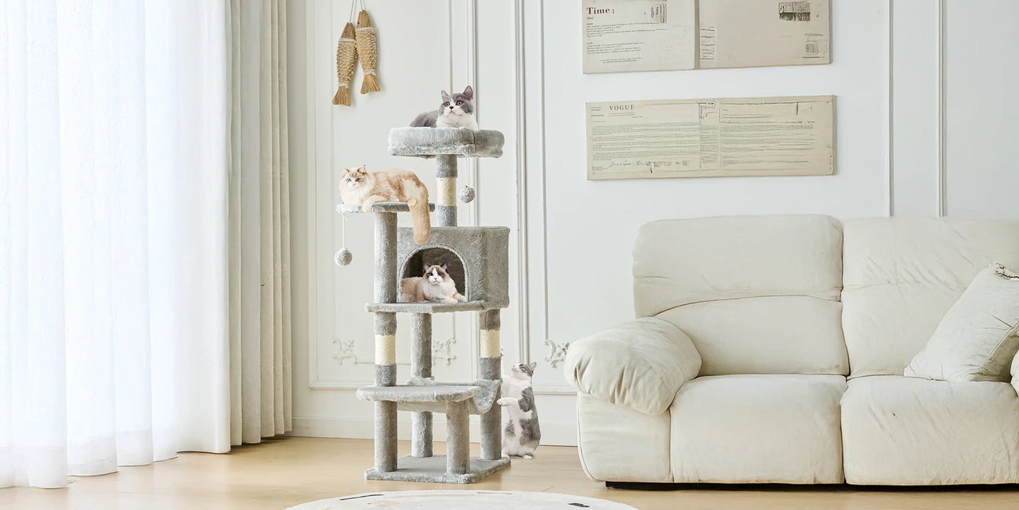 JHK 44In Cat Tree Tall Multi-Cat Climbing Tower for Pet Furniture Natural Sisal Scratching Posts Stable Pet House  for Indoor Cat