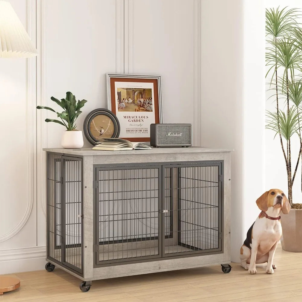 Dog Crate Furniture, Wooden Table, Dog Kennel with 3 Doors, Flip-up Top Opening and Wheels, Decorative Pet Crate House