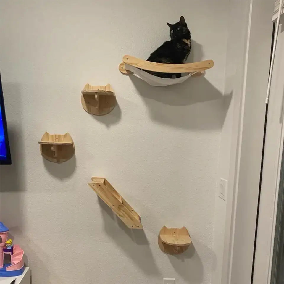 Wall-Mounted Cat Hammock Cradle Cat Climbing Frame Floating Shelf Solid Wood Cats Scratch Posts for Sleeping and Playing Toy