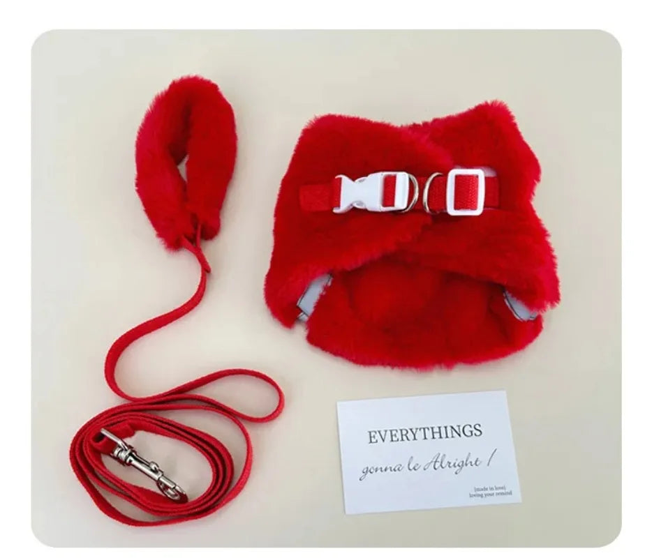 Fashion Pet Rabbit Fur Plush Pet Traction Set Warm Thick Pet Dog Cat Walking Dog Outdoor Teddy Plush Traction Rope Chest Harness