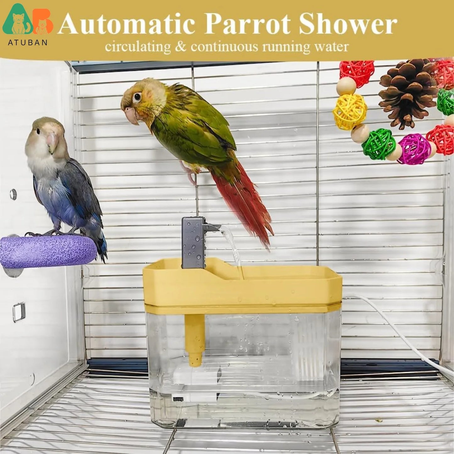 ATUBAN Automatic Parakeet Bird Bath with Pump, Bird Shower Fountain Indoor Bathtub with Running Water, Parrot Bath Tub Faucet