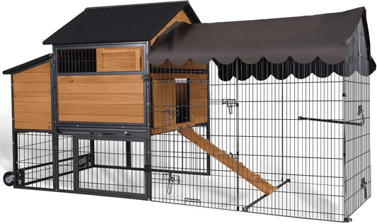 Large Chicken Coop with Metal Frame Mobile Hen House Poultry Cage with Wheels for 4-6 Chickens 85" L