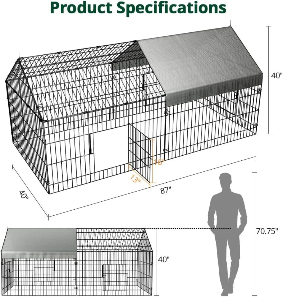 Chicken Coop 86"×40" Chicken Run Pen for Yard with Cover Outdoor Metal Portable Chicken Tractor Cage Enclosure Crate Outside