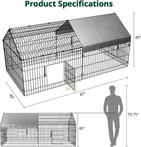 Chicken Coop 86"×40" Chicken Run Pen for Yard with Cover Outdoor Metal Portable Chicken Tractor Cage Enclosure Crate Outside