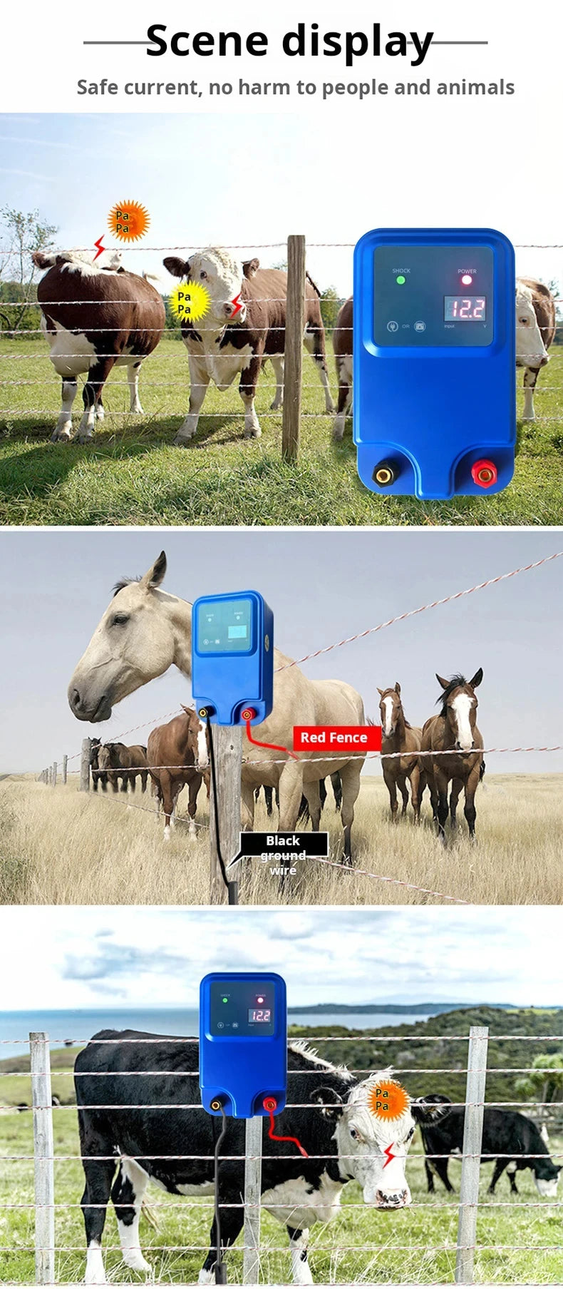 10km 1.5J Electric Fence Energizer Farm Animals Electronic Pulse Fence Controller for Cattle Sheep Livestock Pasture Fence Device 12V