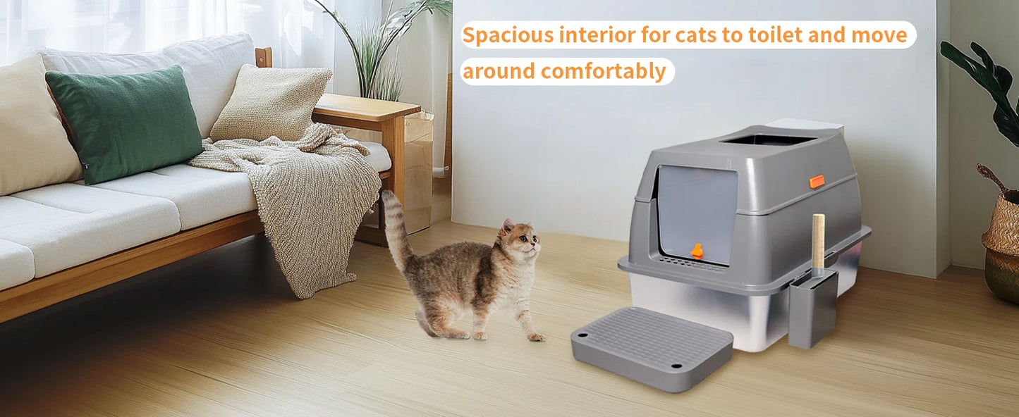 4-Style Cat Litter Box with Lid Large Kitty Litter Box Enclosed with High Sided Enclosure Scoop Non-Sticky