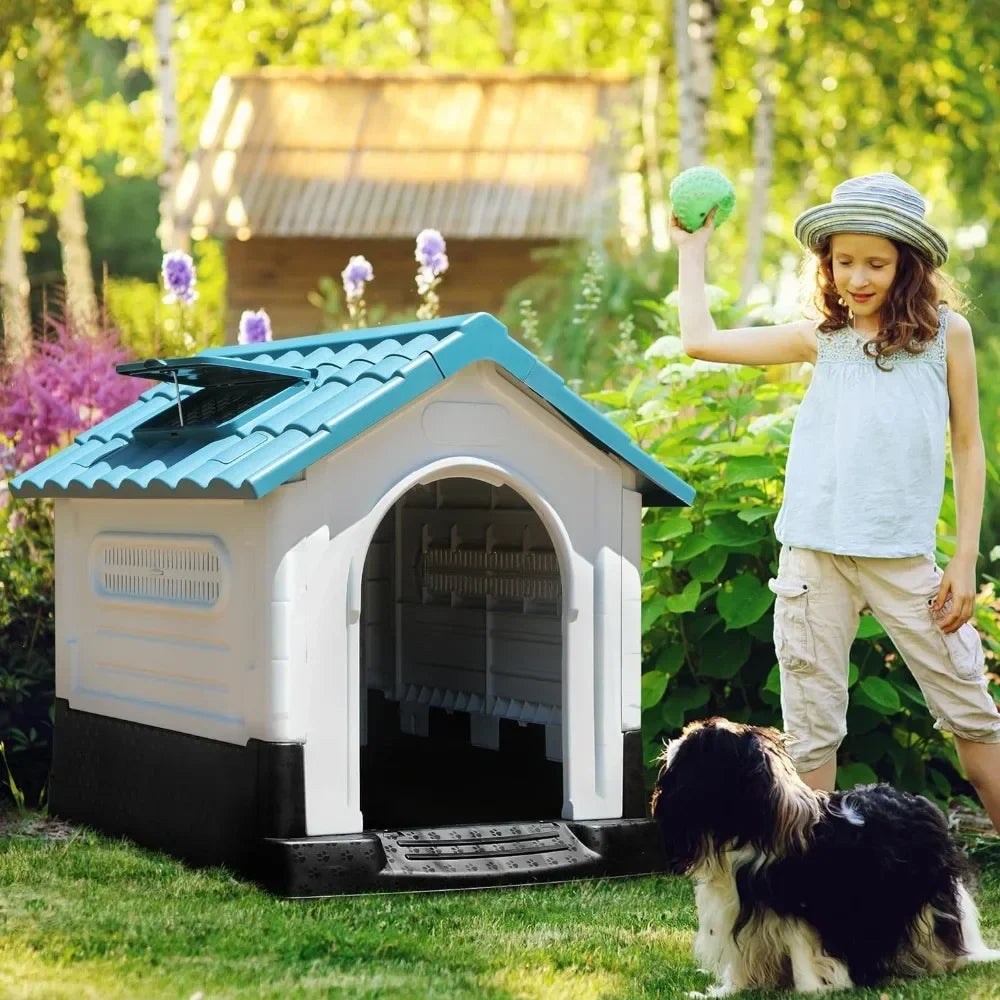 Folding large dog house outdoor plastic dog house with adjustable skylight and elevated base for small to medium sized dogs