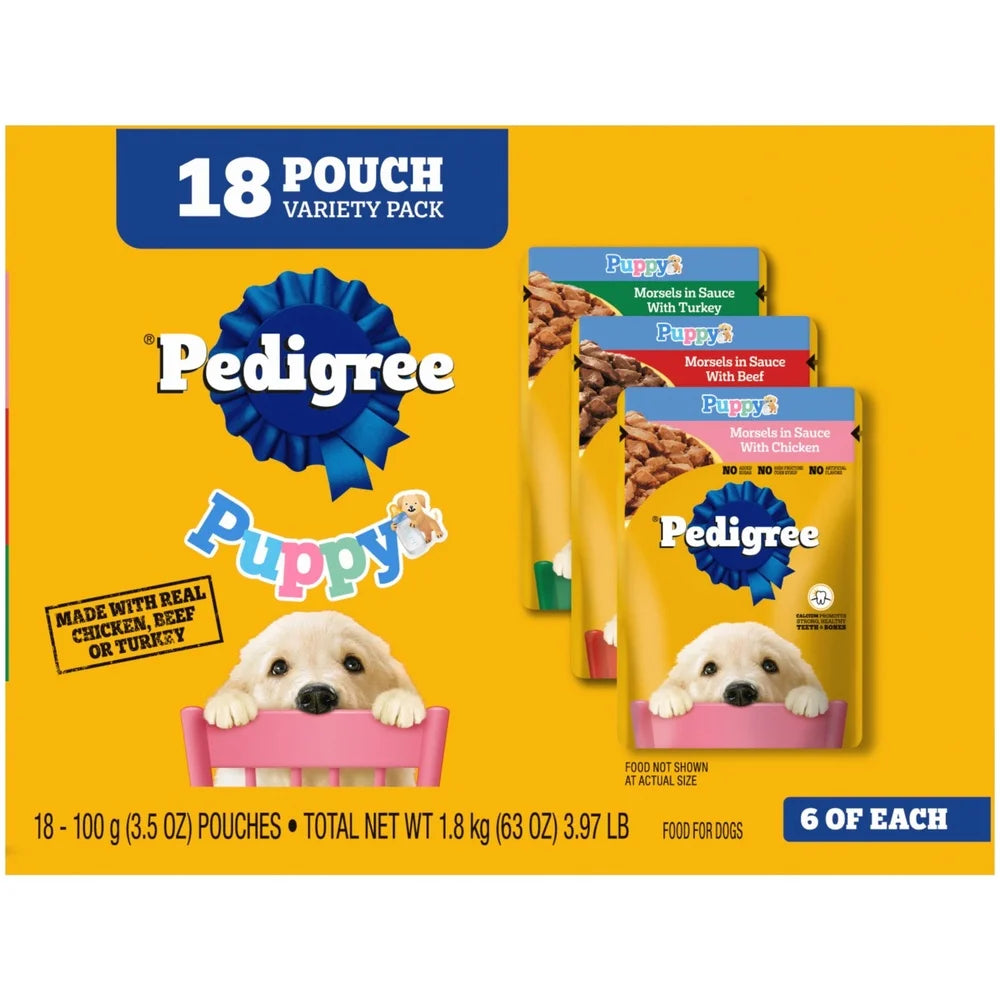 Puppy Wet Dog Food Variety Pack 18 Pouches 3.5 Oz Real Chicken Beef Turkey DHA Calcium Complete Balanced Nutrition