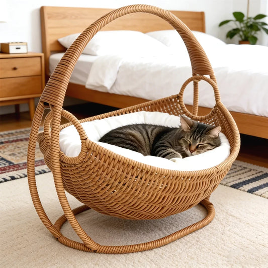 Faux-Woven Cat Bed Nest Cat Basket Cats Swing Hammock Waterproof Indoor Pet House Semi-Enclosed Cave Bed Pet Accessories