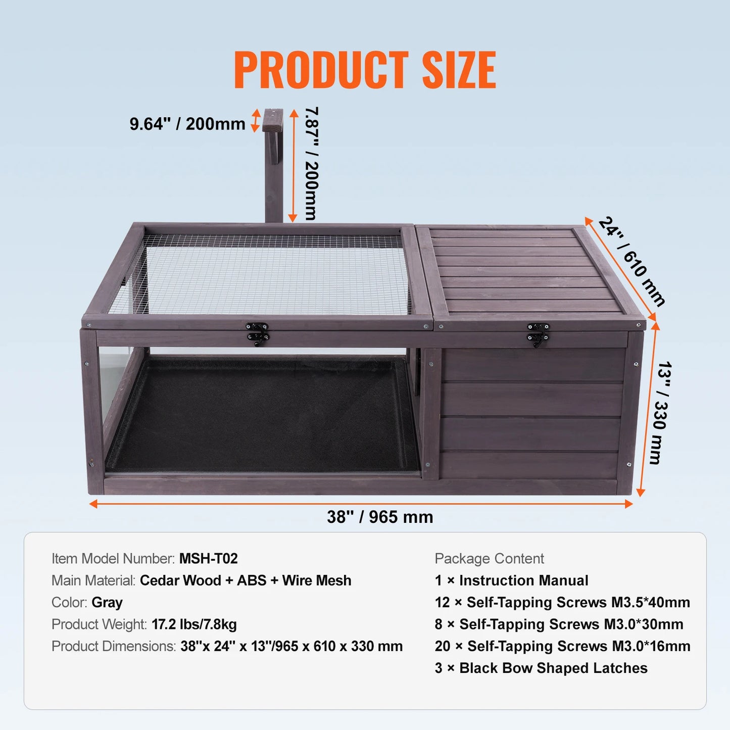 VEVOR 3-Room Tortoise House Tortoise Habitat Wooden Enclosure Indoor & Outdoor Openable Roof Large Reptile Cage 44" x 25.6"x 24"
