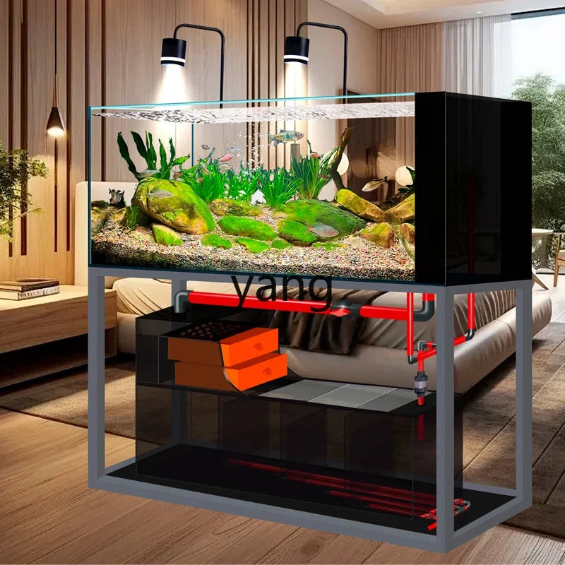 yjq native stream tank ultra-white glass side overflow ecological bottom filter fish tank living room aquarium