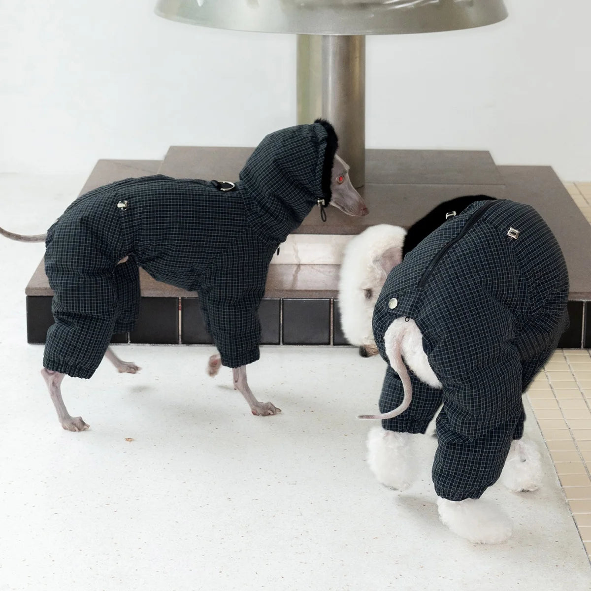 Thick Plaid Down Coat for Dogs in Winter Waterproof Windproof Grey Warm 4-leg Mink Fur Collar Puffer Jacket for Italy Greyhound