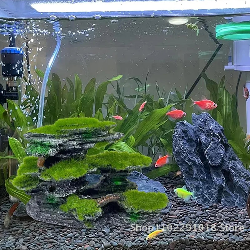 Aquarium Mountain View Stone, Aquarium View Stone, Mossed Aquarium Hideout, Submersible Resin Aquarium Decorations Large