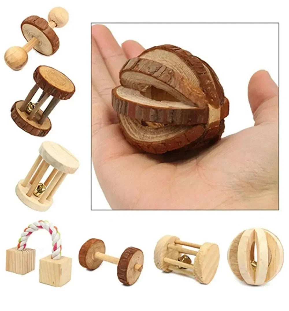 Guinea Pig Rabbit Hamster Small Animal Play Pet Roller Toys Natural Wooden Pine Dumbbells Unicycle Bell Chew Chewing Braided Ball