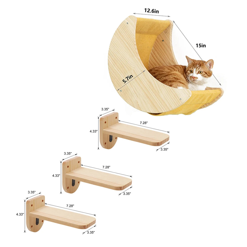 Cat Shelf Wall Hammock Climbing Shelves Moon Shaped And Perches Ladder Solid Wood Steps For Activity Indoor Cats Wall Furniture