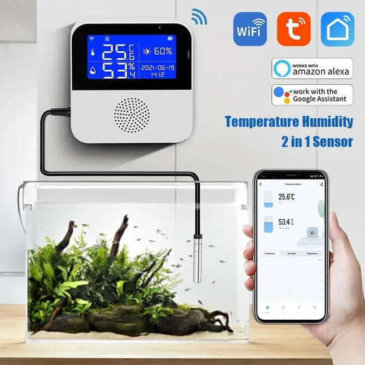 WiFi Tuya Smart Life LED Display Temperature Humidity Sensor Living Room Office Indoor Aquarium Water Temperature Detector Line