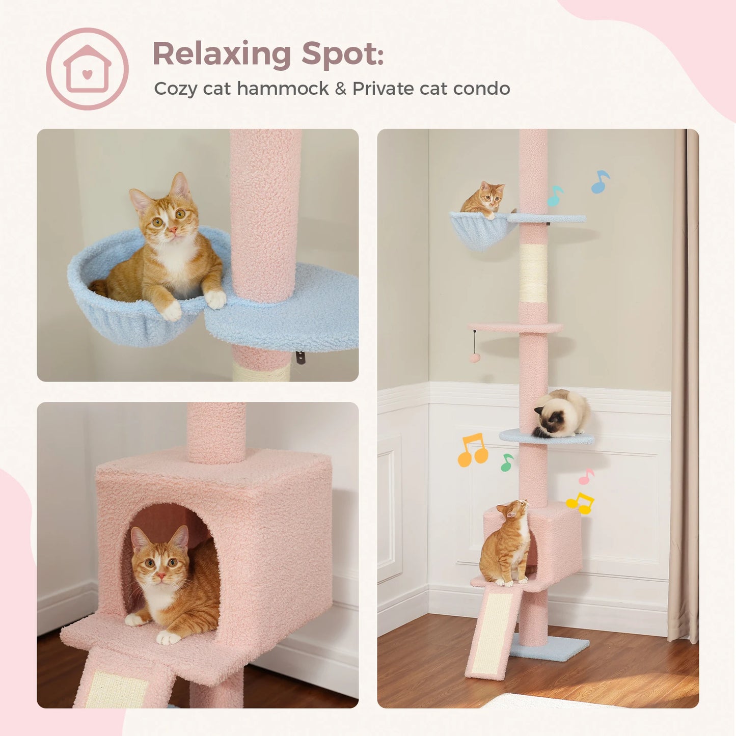 Adjustable Height 210-274CM Cat Tree Floor to Ceiling Tall Cat Climbing Tower with Cozy Condo Hammock Scratching Post Platforms