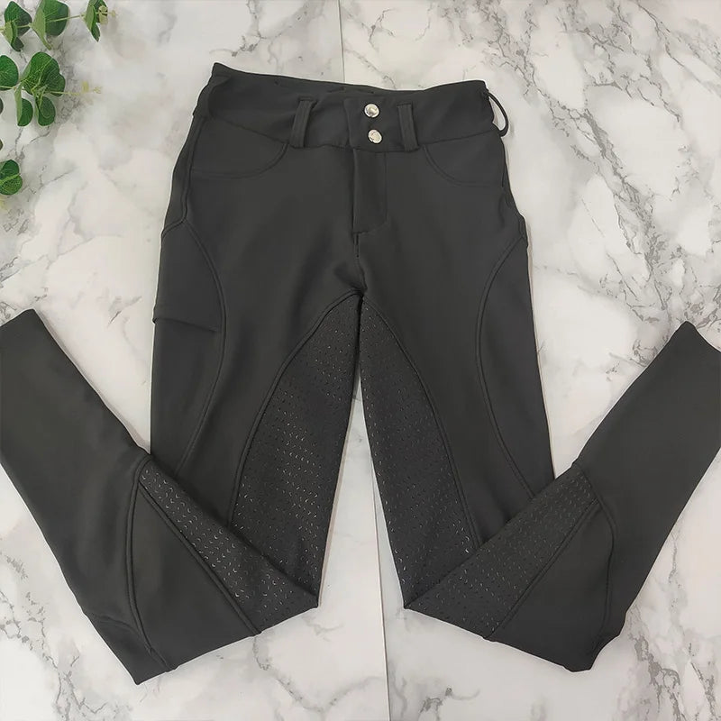 MXLLINA Button Zipper Horse Riding Pants Women Equestrian Leggings Breeches Competition Full Silicone Sports Tights