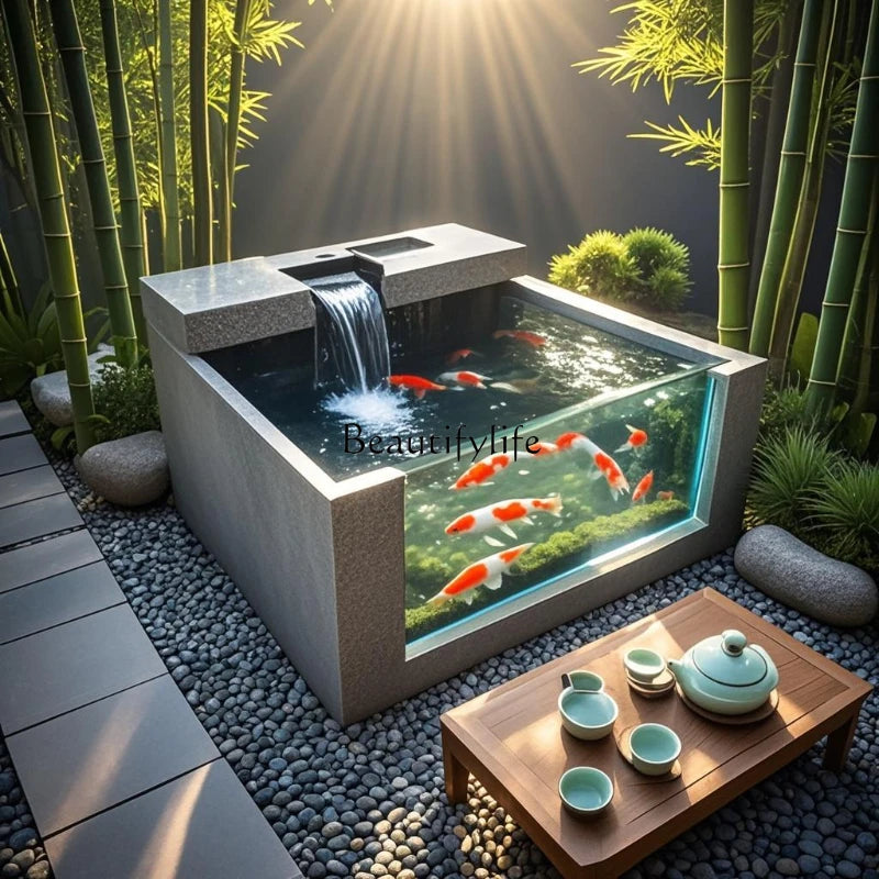 Yard fish pond rock slab floor-to-ceiling koi fish tank outdoor integrated square balcony to create landscape water feature