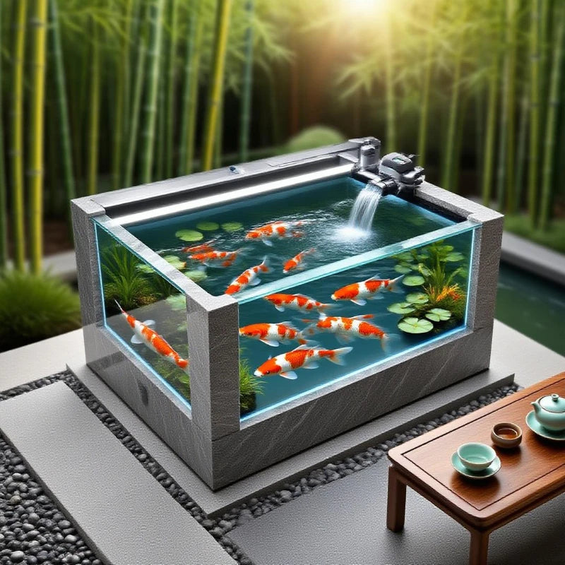 Yard fish pond rock slab floor-to-ceiling koi fish tank outdoor integrated square balcony to create landscape water feature