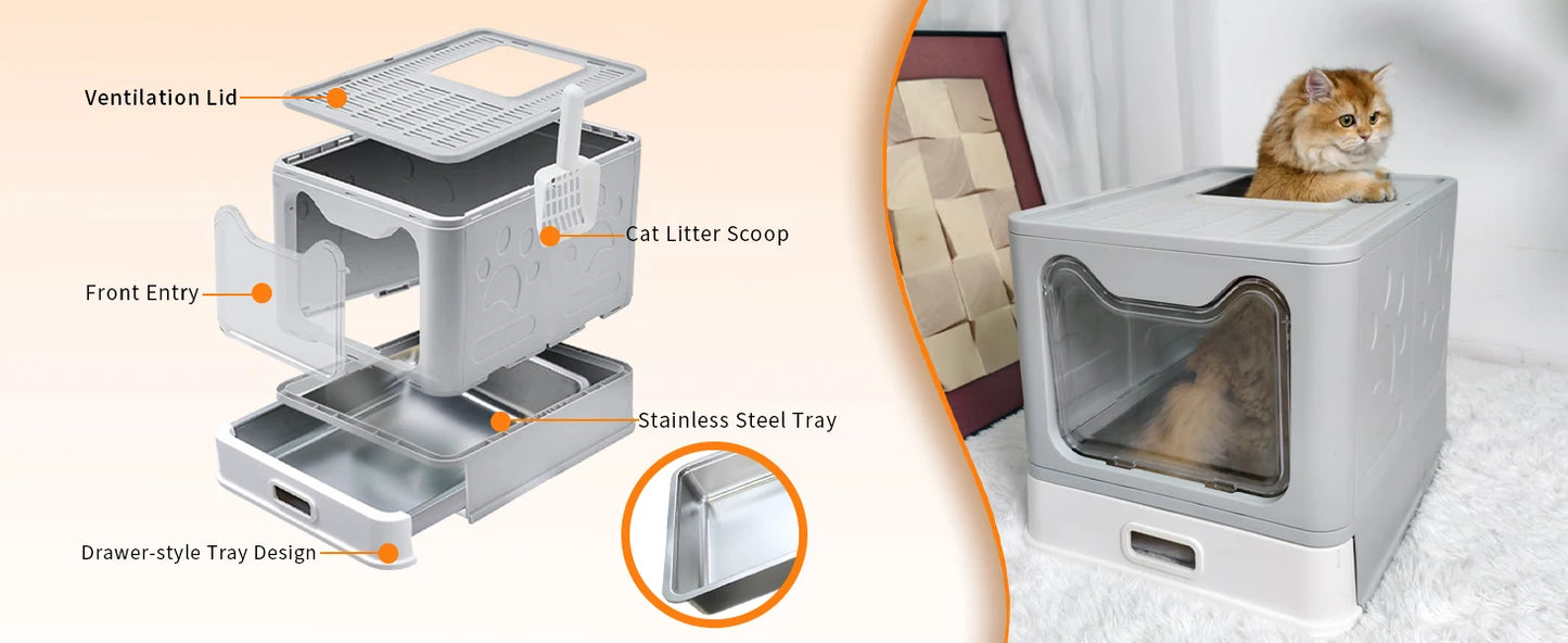 4-Style Cat Litter Box with Lid Large Kitty Litter Box Enclosed with High Sided Enclosure Scoop Non-Sticky