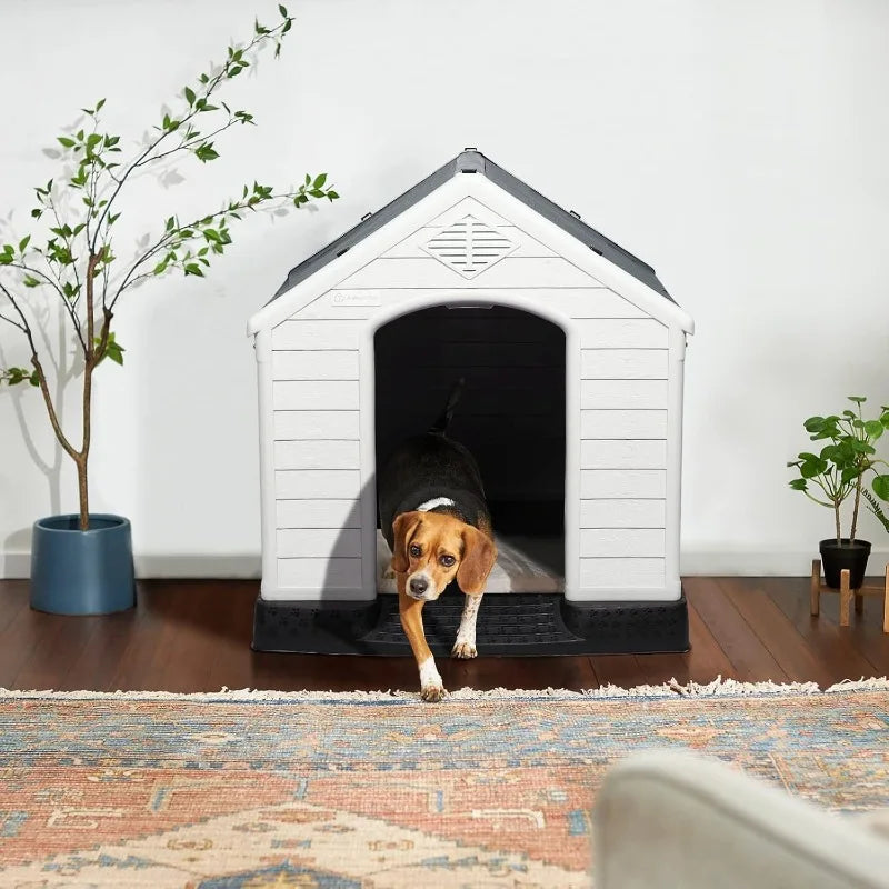 LEMBERI Durable Waterproof Plastic Dog House for Small to Large Sized Dogs, Puppy Shelter with Elevated Floor, Easy to Assemble