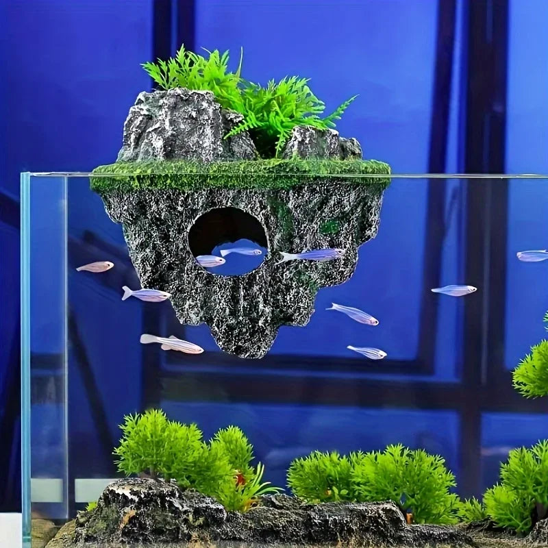Multi - Use Aquarium Floating Island Decor Rock with Shelter for Fish, Ecological Scenery Rockery for Fish Tank Landscaping