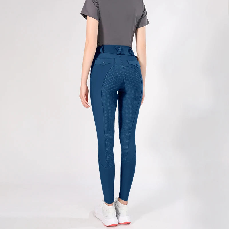 MXLLINA Button Zipper Horse Riding Pants Women Equestrian Leggings Breeches Competition Full Silicone Sports Tights