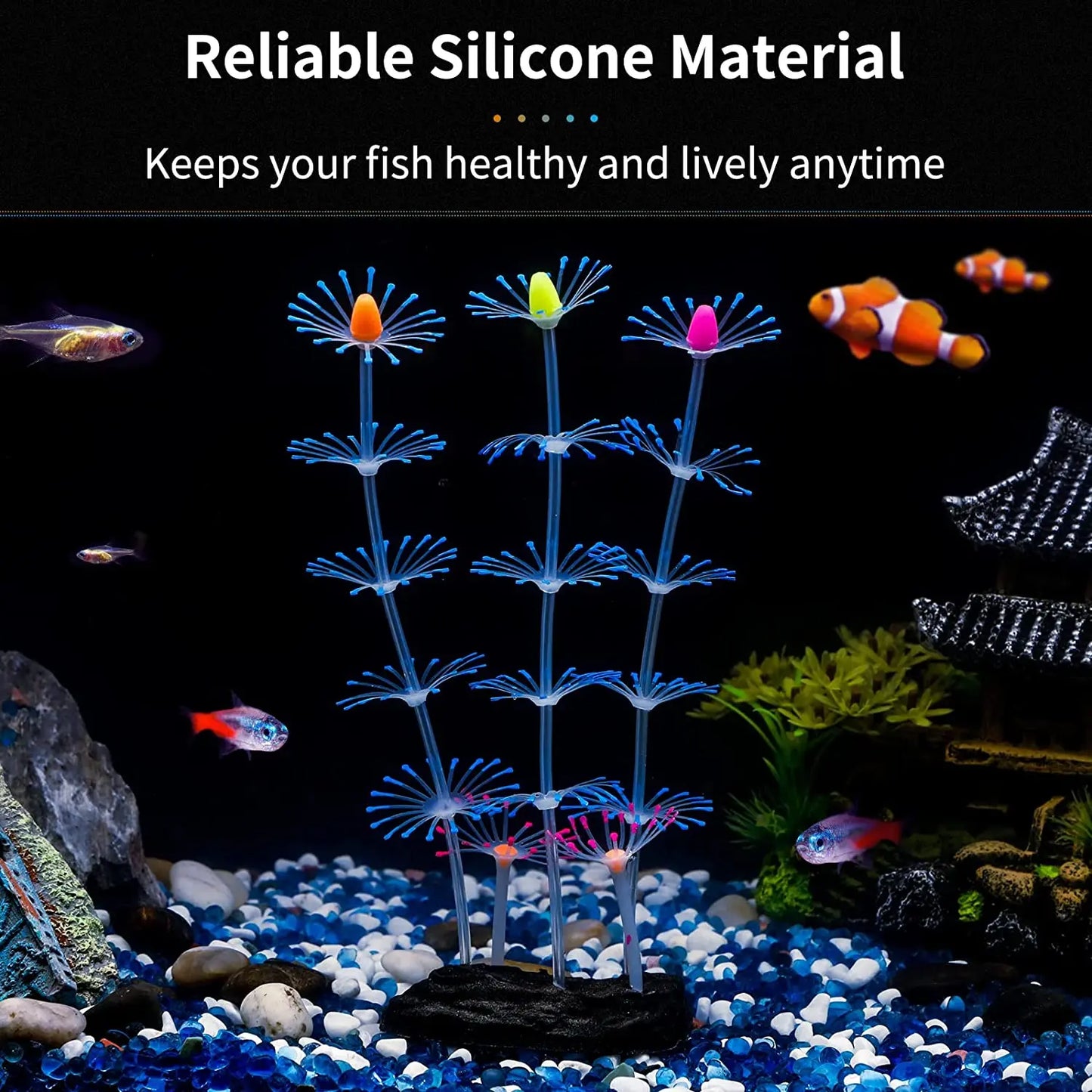 Glowing Silicone Coral Aquarium Decor with Suction Cups, Fish-Safe UV-Activated Plants for Saltwater/Freshwater Tank Setup
