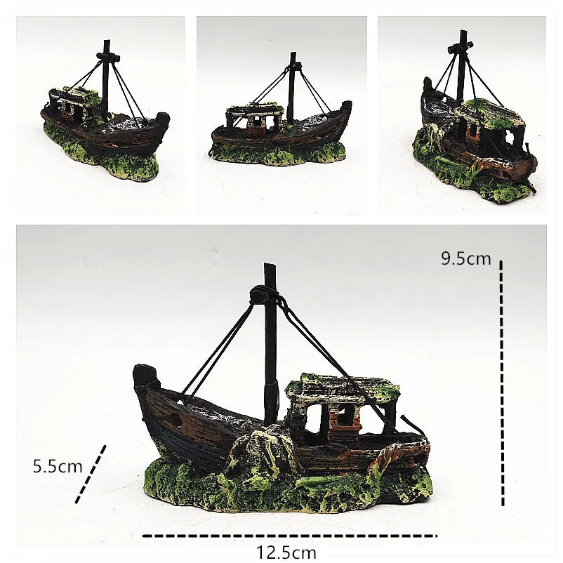 Aquarium Decor Fish Tank Resin Shipwreck Decoration Pirate Treasure Ship Fishing Net Ornament Accessories Statue For Fishes Hide