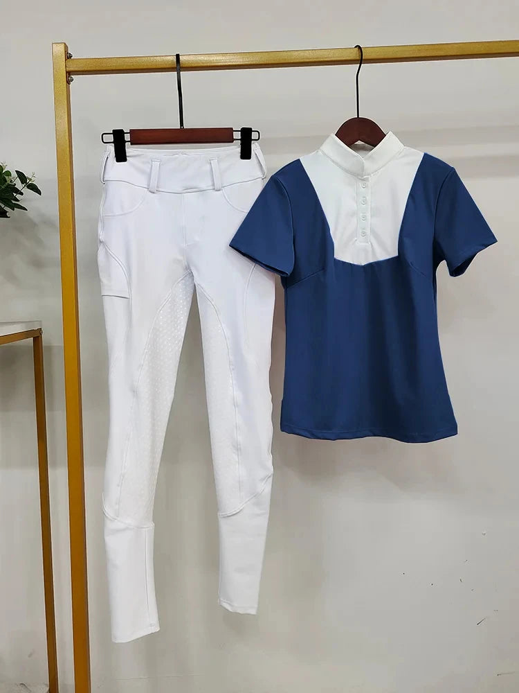 MXLLINA Women Equestrian Clothes Set Horse Riding Long Sleeve T-shirts And Pants Sports Suit Competition Training Riding Wear