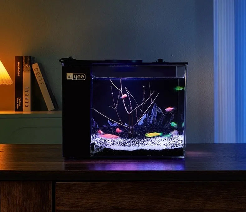 Desktop Fish Tank Betta Goldfish Aquarium with Light and Water Pump Luxury Mini Fishbowl Home Fish Aquatic Pet Decor Terrarium