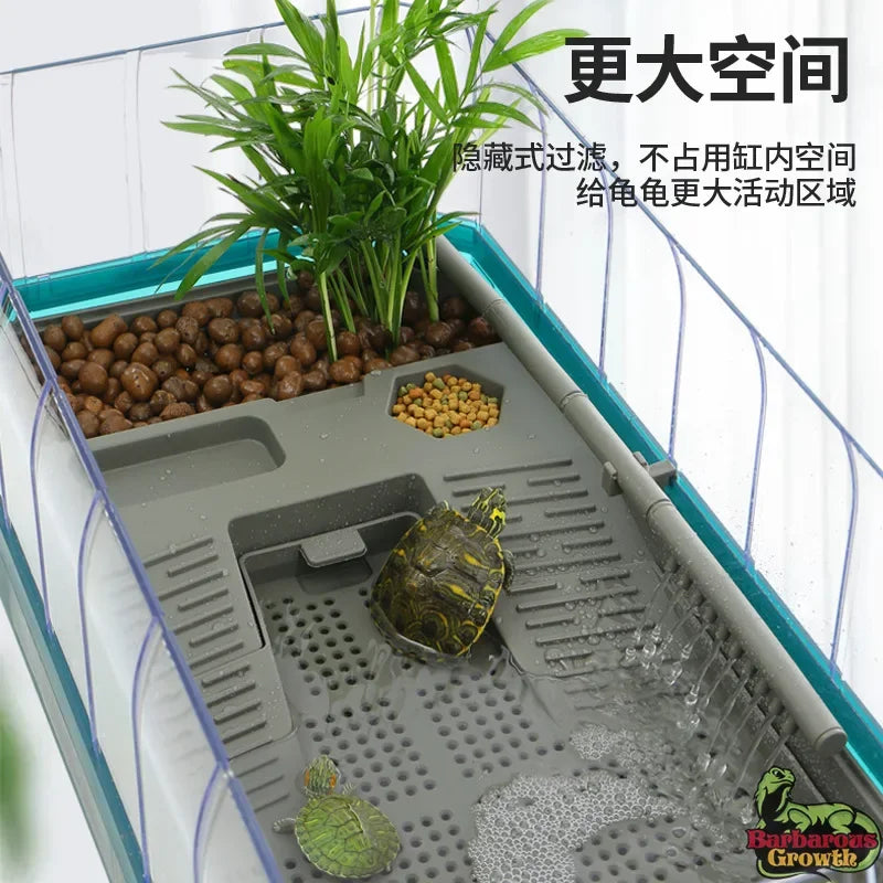 Integrated Turtle Tank Feeding Box Amphibious Tank Cage Plastic Transparent Turtle Tank House Amphibian and Reptile Habitat