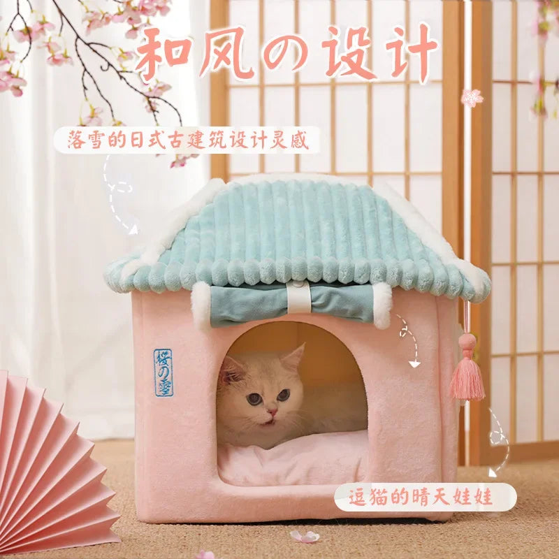 Cat's Nest Warm In Winter All Seasons Universal Cat House Removable and Washable Cat Beds Pet Supplies Closed Cat House Villa