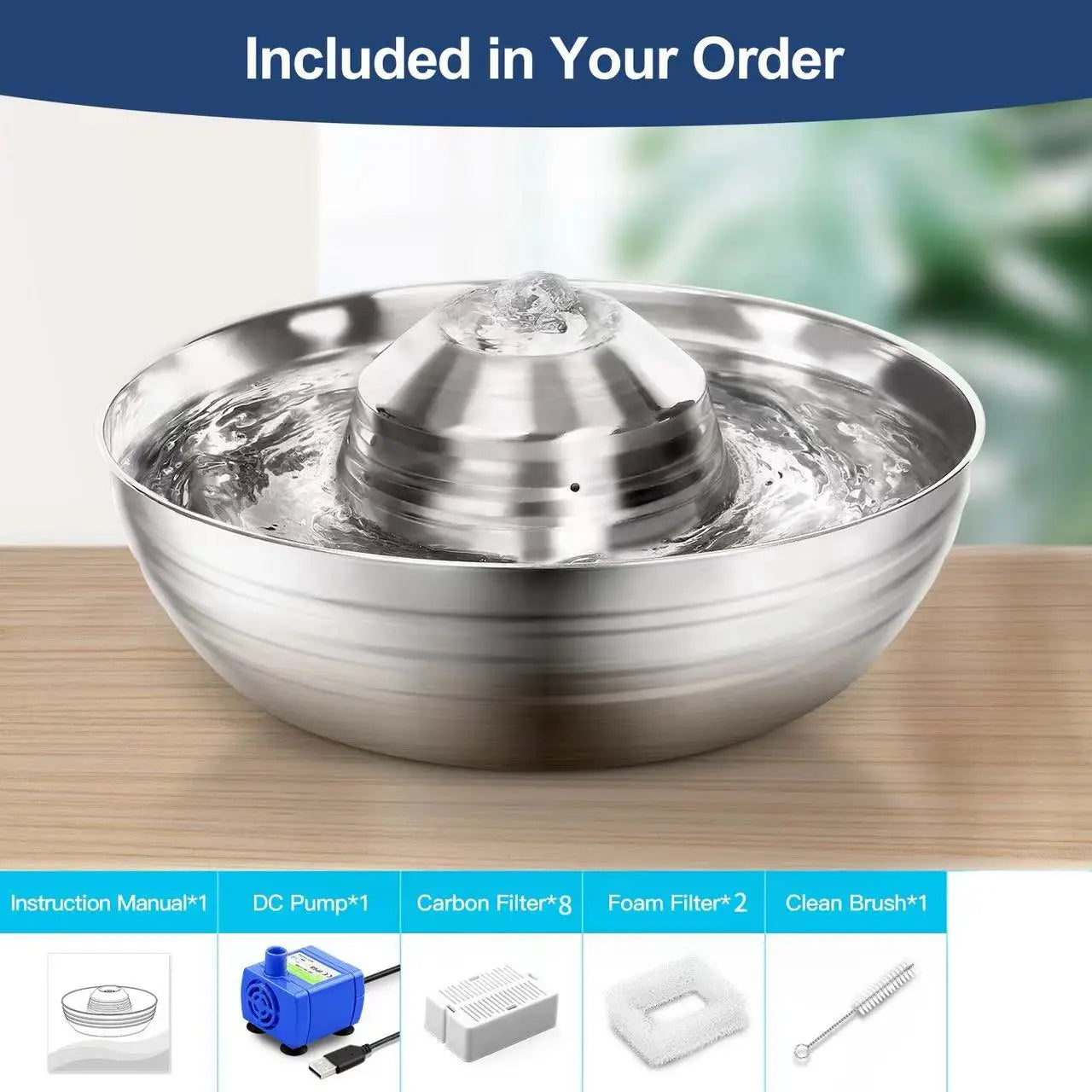 2L Ultra-Quiet Automatic Fountains Dog Stainless Steel Pet Fountains Water Dispenser Quiet Pump Water Fountain for Cat Dog