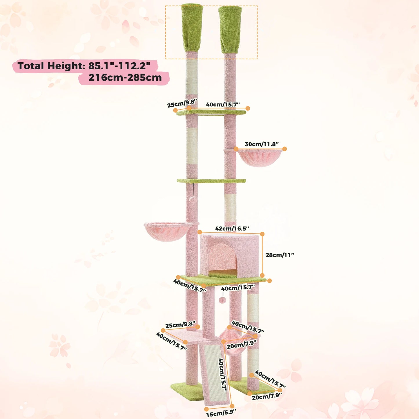 Floor to Ceiling Cat Tree for Indoor, Adjustable Height Tall Cat Tower with Sisal Scratching Post, Cozy Condo Hammock, Cat Toys