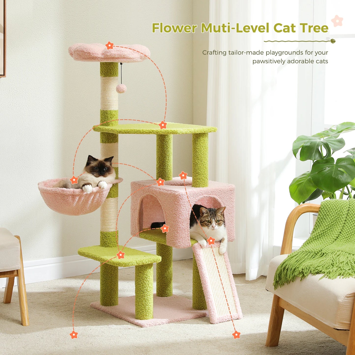 Flower Cat Tree Multi-Level Cat Tower Sisal Covered Scratching Posts Cat Indoor Small Medium Cats Top Perch