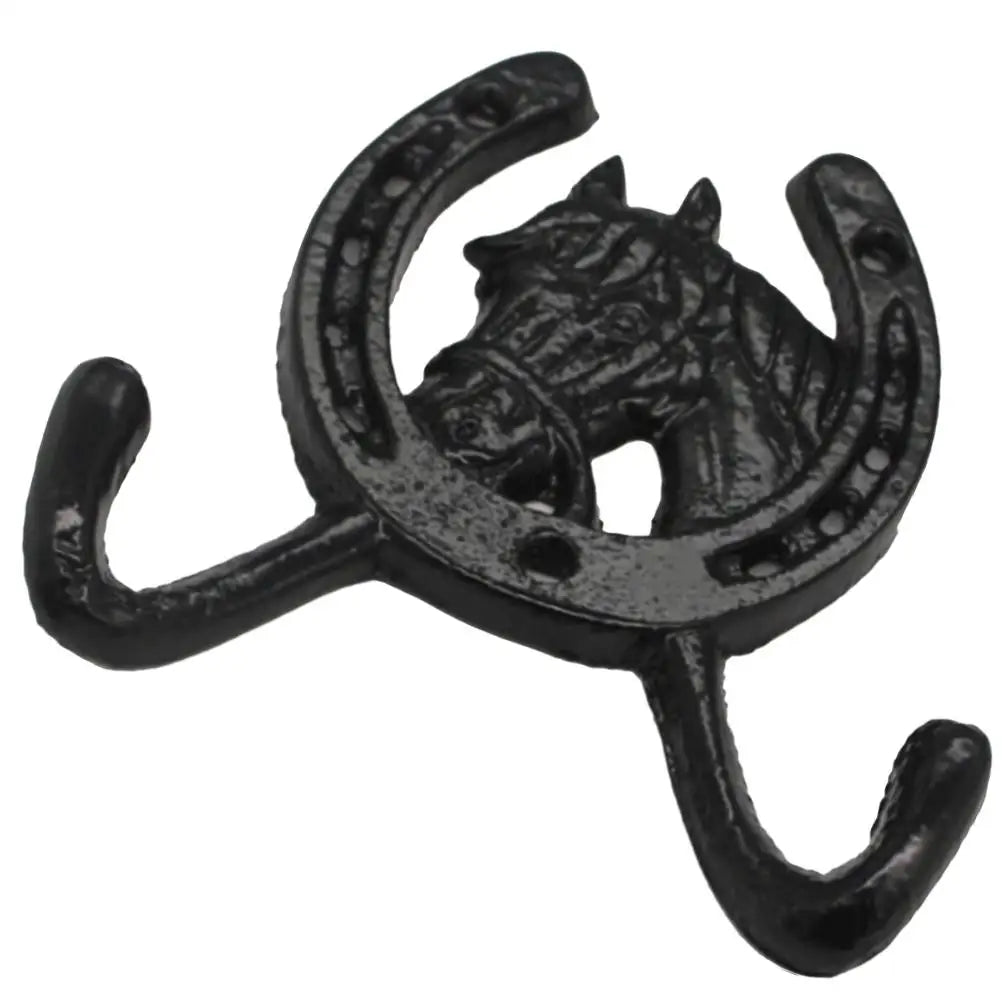 Black Cast Iron Horseshoe Double Hook Wall Mounted Bathroom Coat Hat Key Hanger Wall Storage Hooks For Household Use Multi