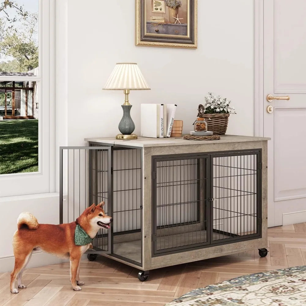 Dog Crate Furniture, Wooden Table, Dog Kennel with 3 Doors, Flip-up Top Opening and Wheels, Decorative Pet Crate House