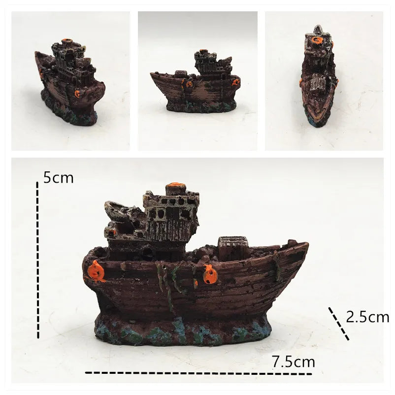 Aquarium Decor Fish Tank Resin Shipwreck Decoration Pirate Treasure Ship Fishing Net Ornament Accessories Statue For Fishes Hide