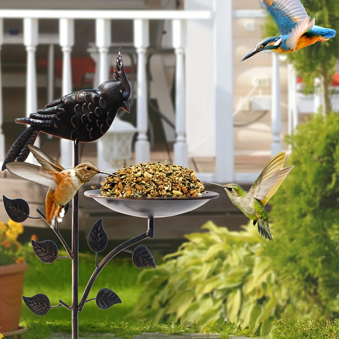 Metal Oriole Bird Feeder Stake, Waterproof Outdoor Bird Bath For Backyard Garden Lawn, Ground Feeders, Deep Antique Copper