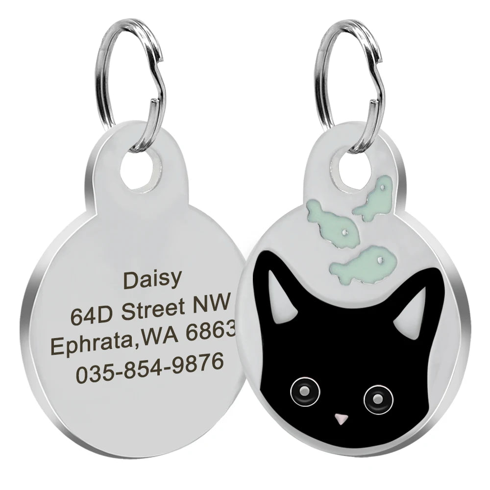 Cute Cat Tag Small Dog ID Tags Free Engraved Name Cats Kitten Name Tag Anti-lost Pet Collar Pendant Fish Shape & Cat Face Tags